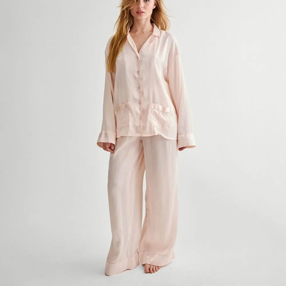 Nasty Gal Striped Jacquard Long Sleeves Pajama Set Champagne NWT - Picture 1 of 3